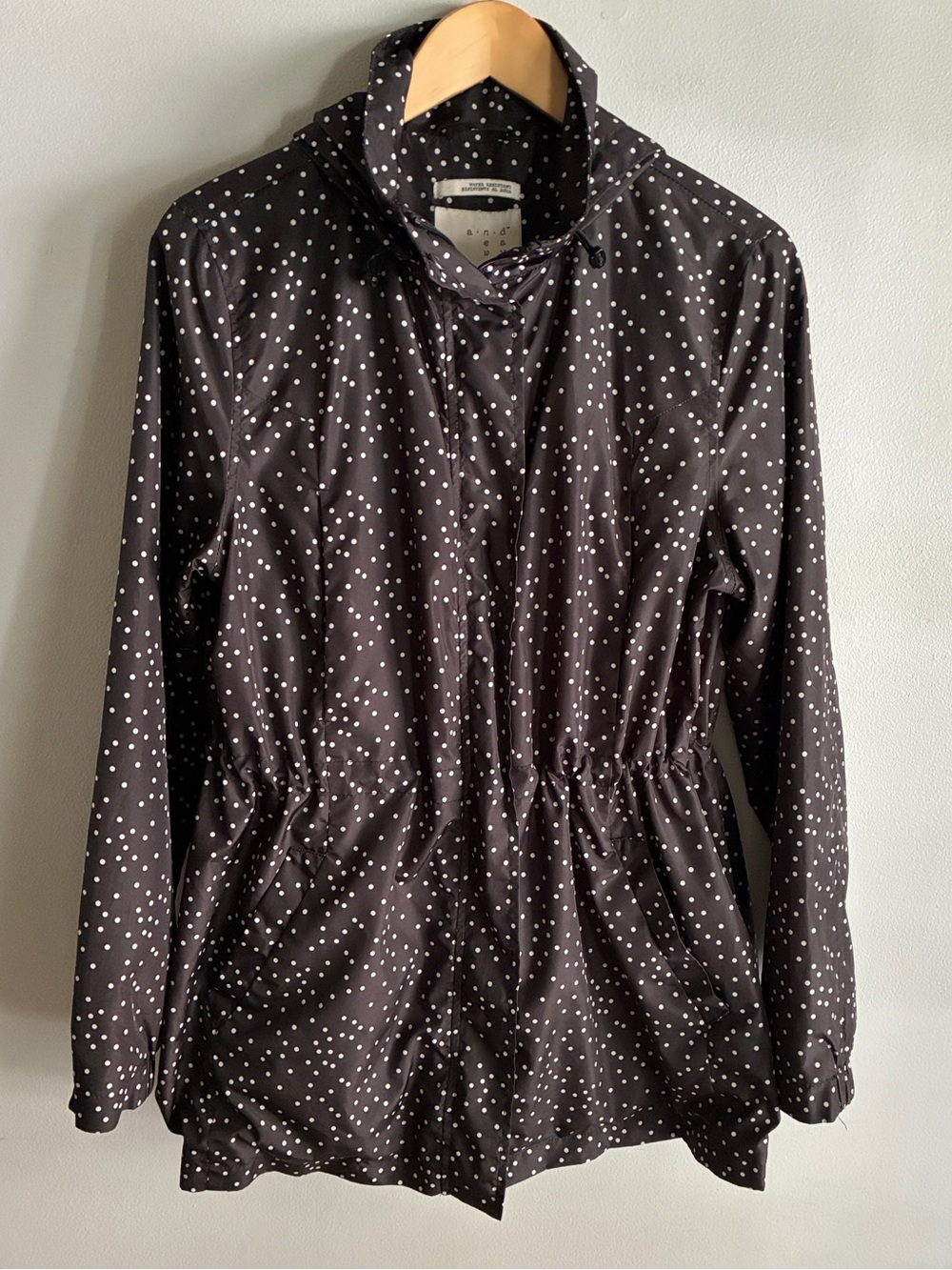 A New Day Women’s L Brown White Polka Dot Hooded Rain Jacket Water Resistant